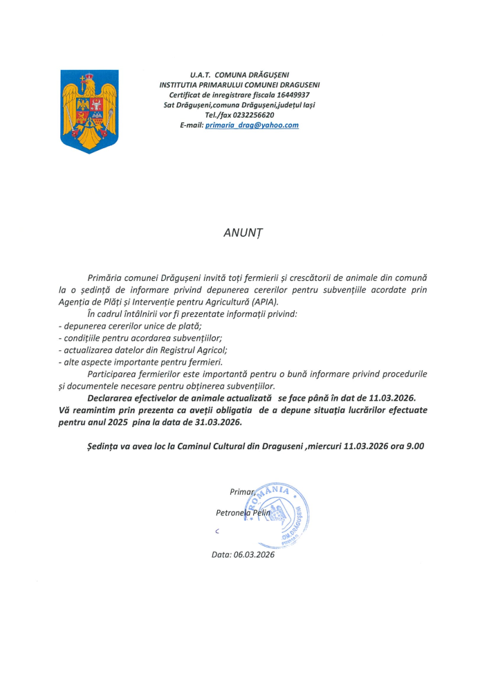 Anunț ședință miercuri, 11.03.2026 ora 9.00 la Căminul Cultural din Drăgușeni