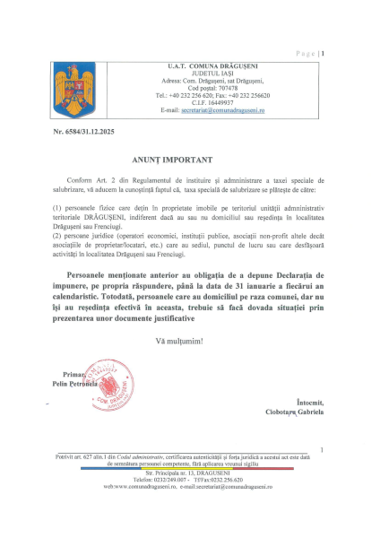 Anunț privind taxa specială de salubrizare 