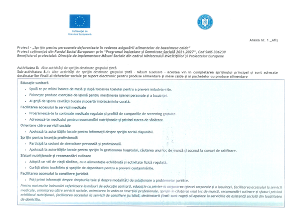 Proiect „Sprijin pentru persoanele defavorizate în vederea asigurării alimentelor de bază/mese calde”